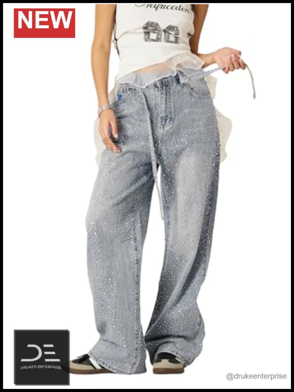 Rhinestone Embellished Wide Leg Jeans Y2K Baggy Streetwear Denim Pants